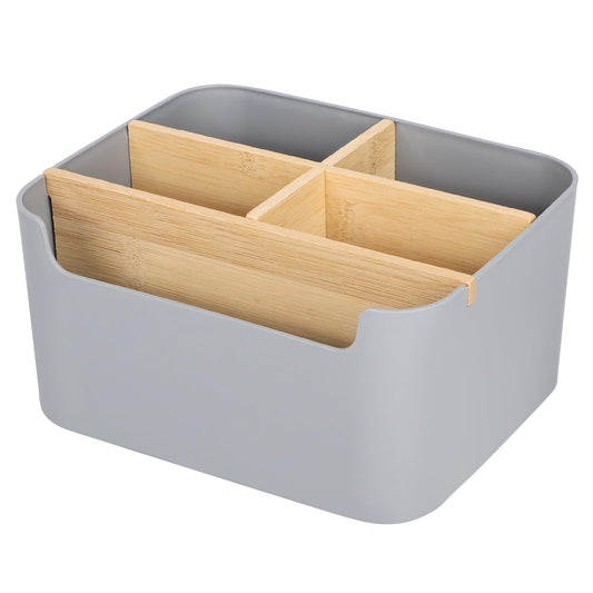 Segarty Gray Desk Storage Organizer, Detachable Divided Bamboo Remote Control Holder Caddy, Desktop