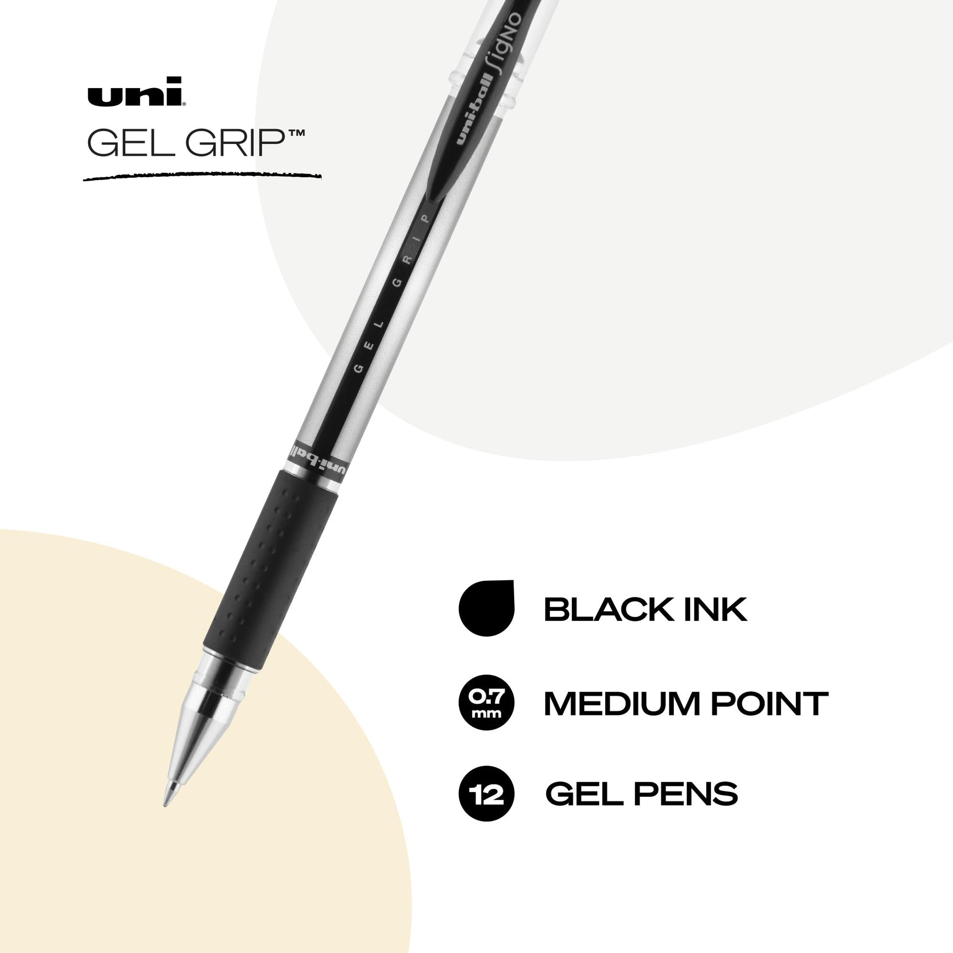 uniball™ Gel Grip Gel Pens, Medium Point (0.7mm), Black, 12 Pack