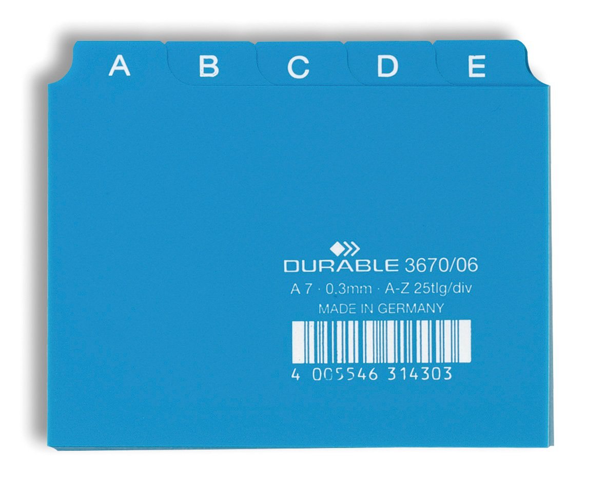 Durable 367006 25 Piece A7 Index Card Set with Printed A-Z Tab - Blue