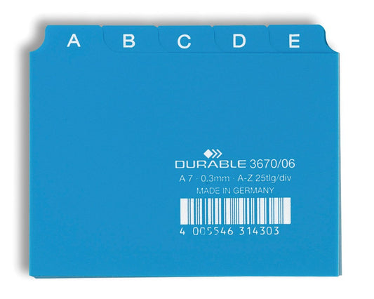 Durable 367006 25 Piece A7 Index Card Set with Printed A-Z Tab - Blue