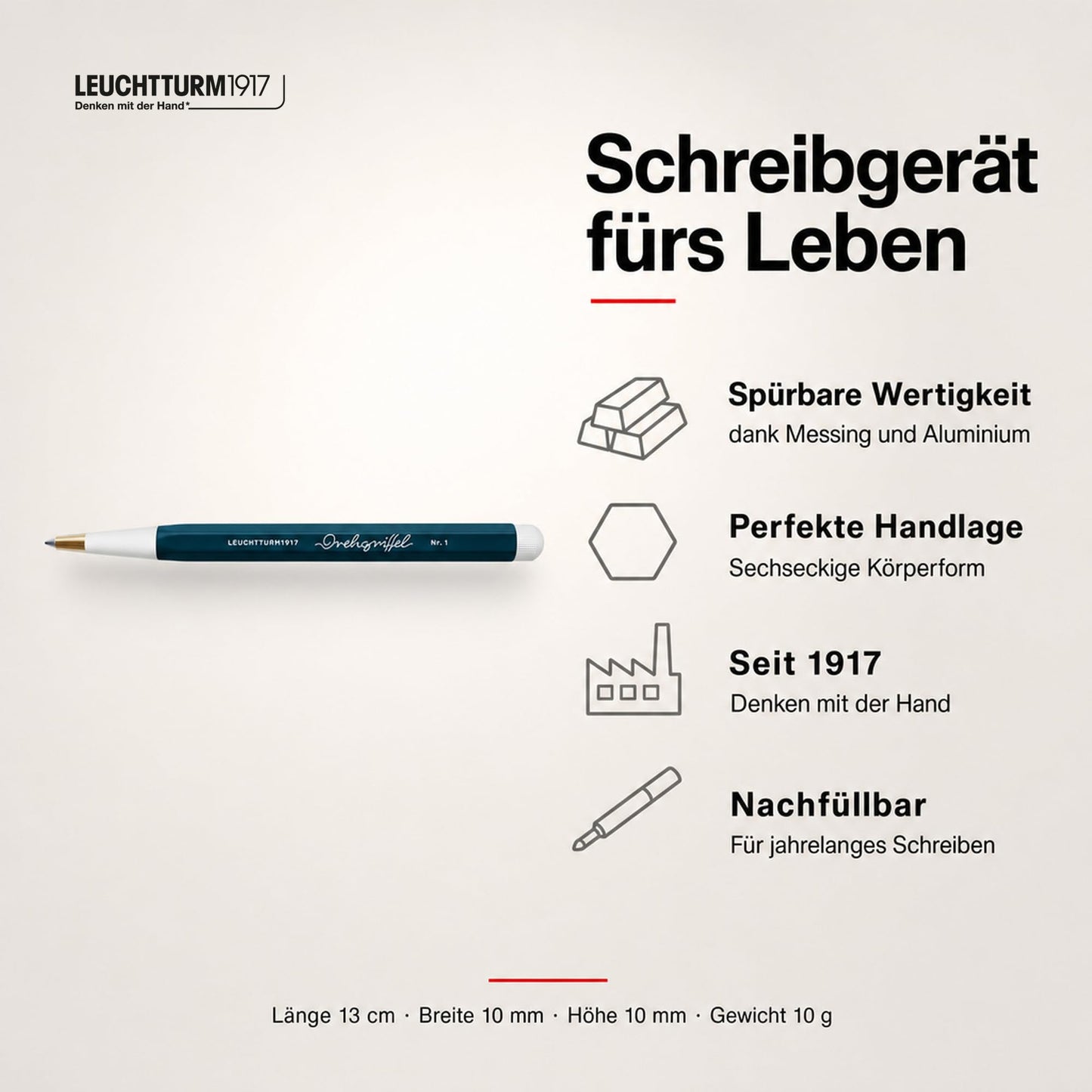 LEUCHTTURM1917 372214 Twist Pen No. 1, Brass, Aluminum, Ballpoint Pen Refill with Blue Ink, Design