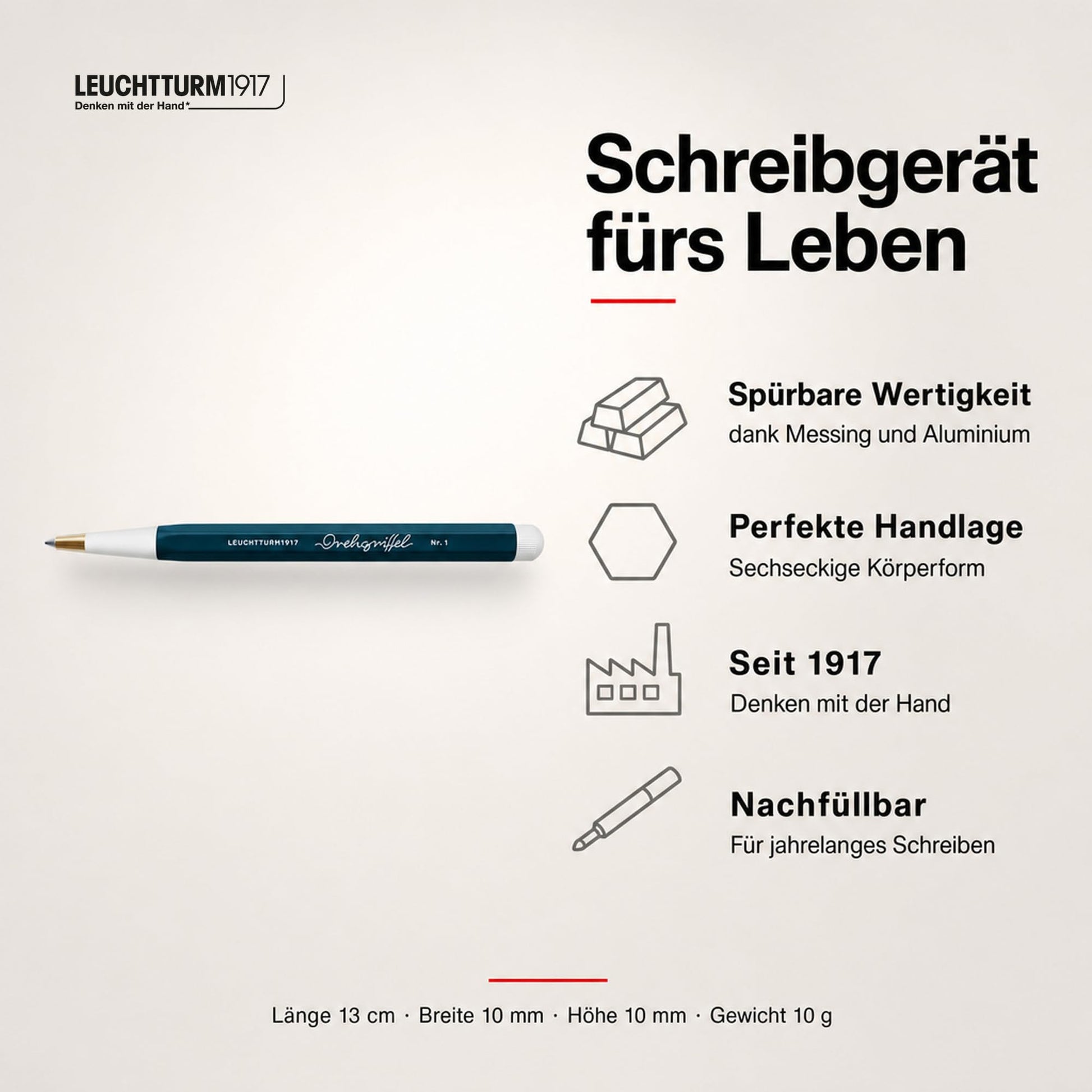 LEUCHTTURM1917 372214 Twist Pen No. 1, Brass, Aluminum, Ballpoint Pen Refill with Blue Ink, Design