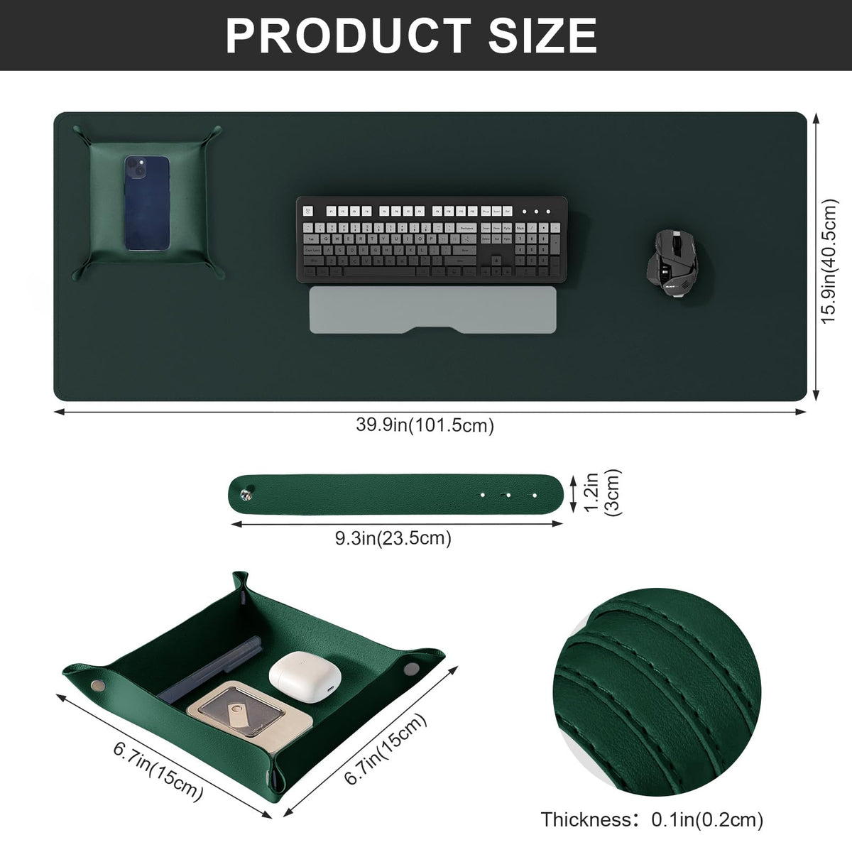 DAWNTREES Dark Green Desk Mat,Leather Desk Pad,40"x16",Cork Desk Mat Protector,with PU Leather