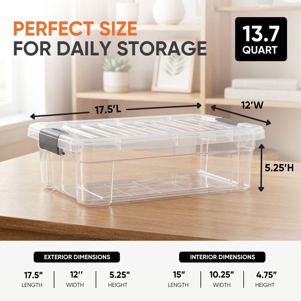 Superio 13.7 Quart Clear Plastic Storage Bin with Lid, Stackable Organizer Box, BPA-Free Storage