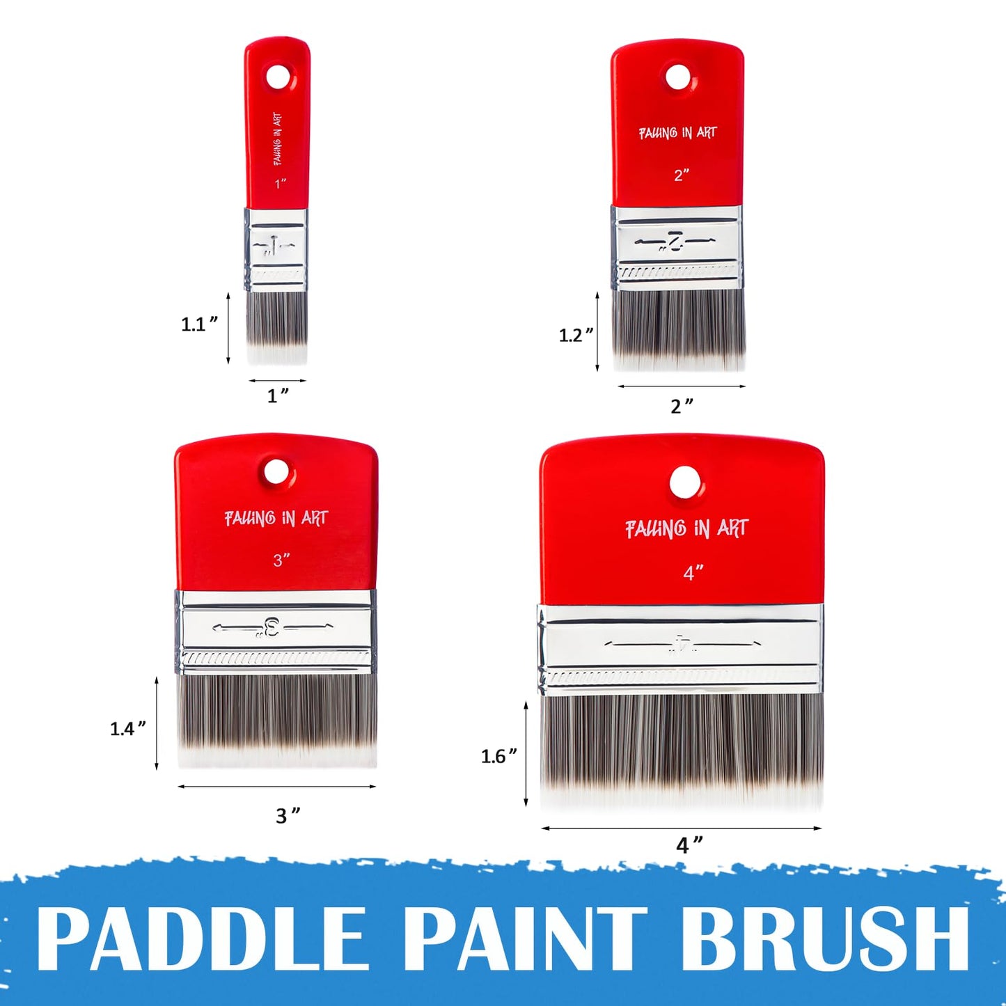 Falling in Art 4 PCS Flat Paddle Paint Brush Set (1'',2'',3'',4'')
