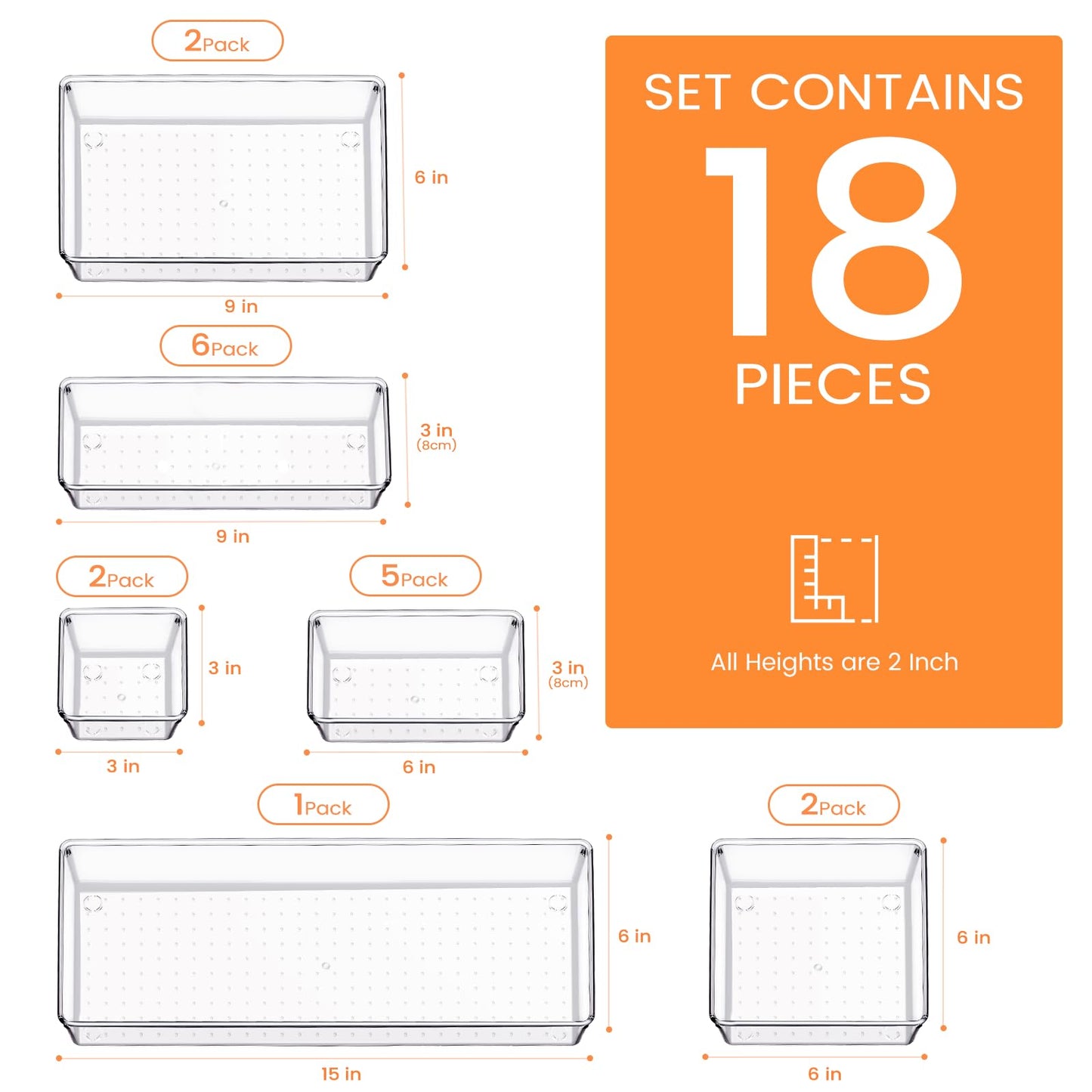 Criusia Drawer Organizer, 18 Pack Large Clear Plastic Kitchen Drawer Organizers Set, 6 Size