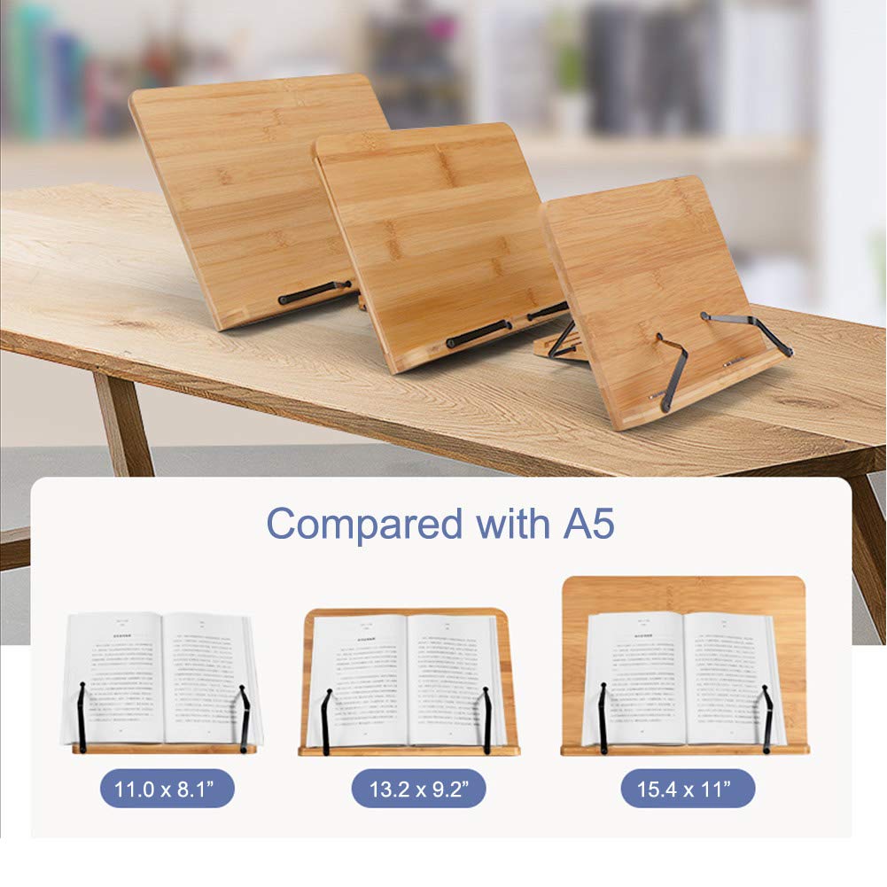 wishacc Bamboo Book Stand for Reading, 13.2" x 9.2" Premium Wooden Cookbook Holder and Recipe Stand