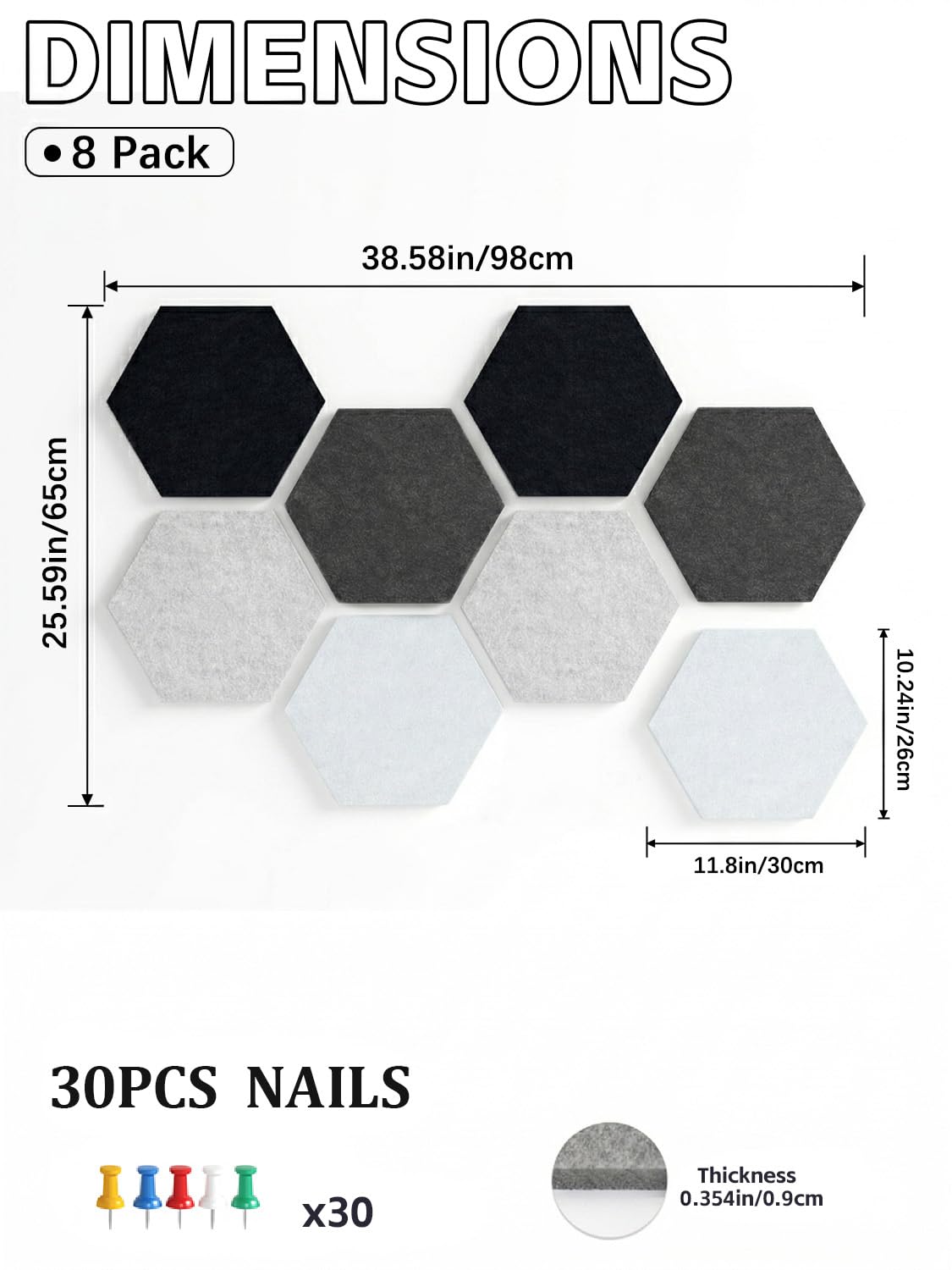 Uoisaiko 8 Pack Hexagon Felt Bulletin Board Tiles - 11.8" Large Thick Pin Board for Walls with 30