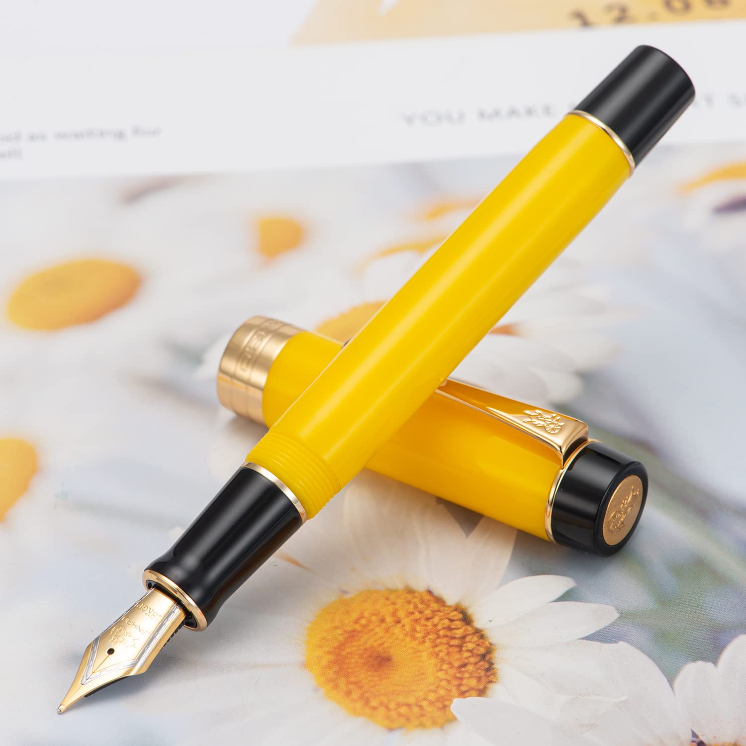 Jinhao Classic Fountain Pen Yellow Celluloid, Medium Nib with Converter and Metal Pen Case Set