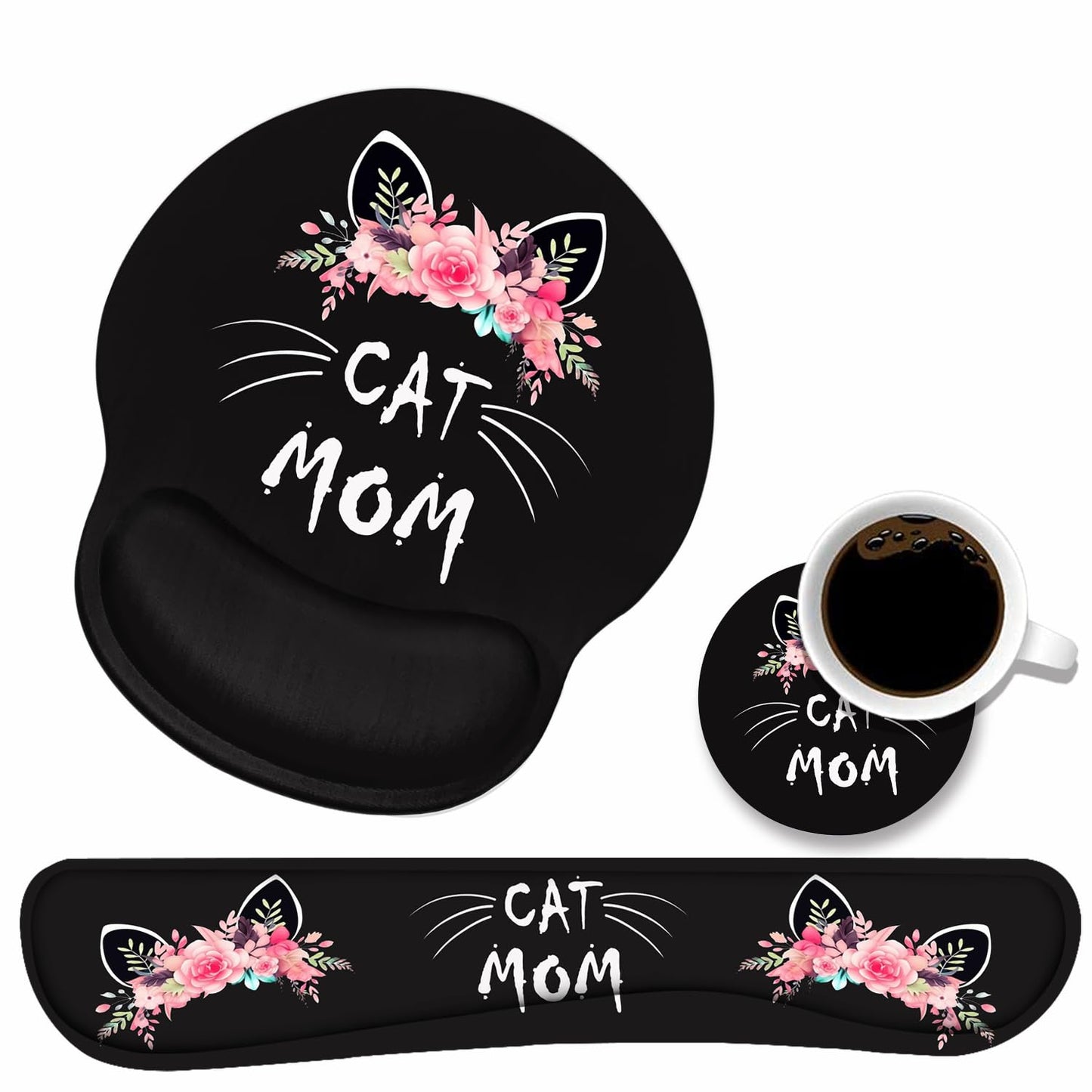 Keyboard Wrist Rest and Mouse Pad Wrist Support Set with Coasters, Non-Slip PU Base Ergonomic