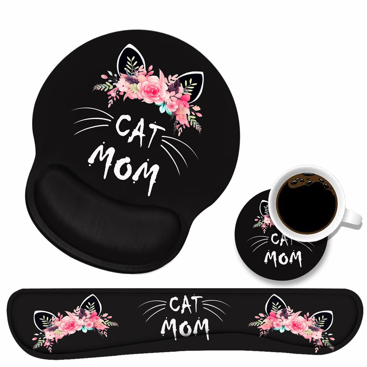 Keyboard Wrist Rest and Mouse Pad Wrist Support Set with Coasters, Non-Slip PU Base Ergonomic