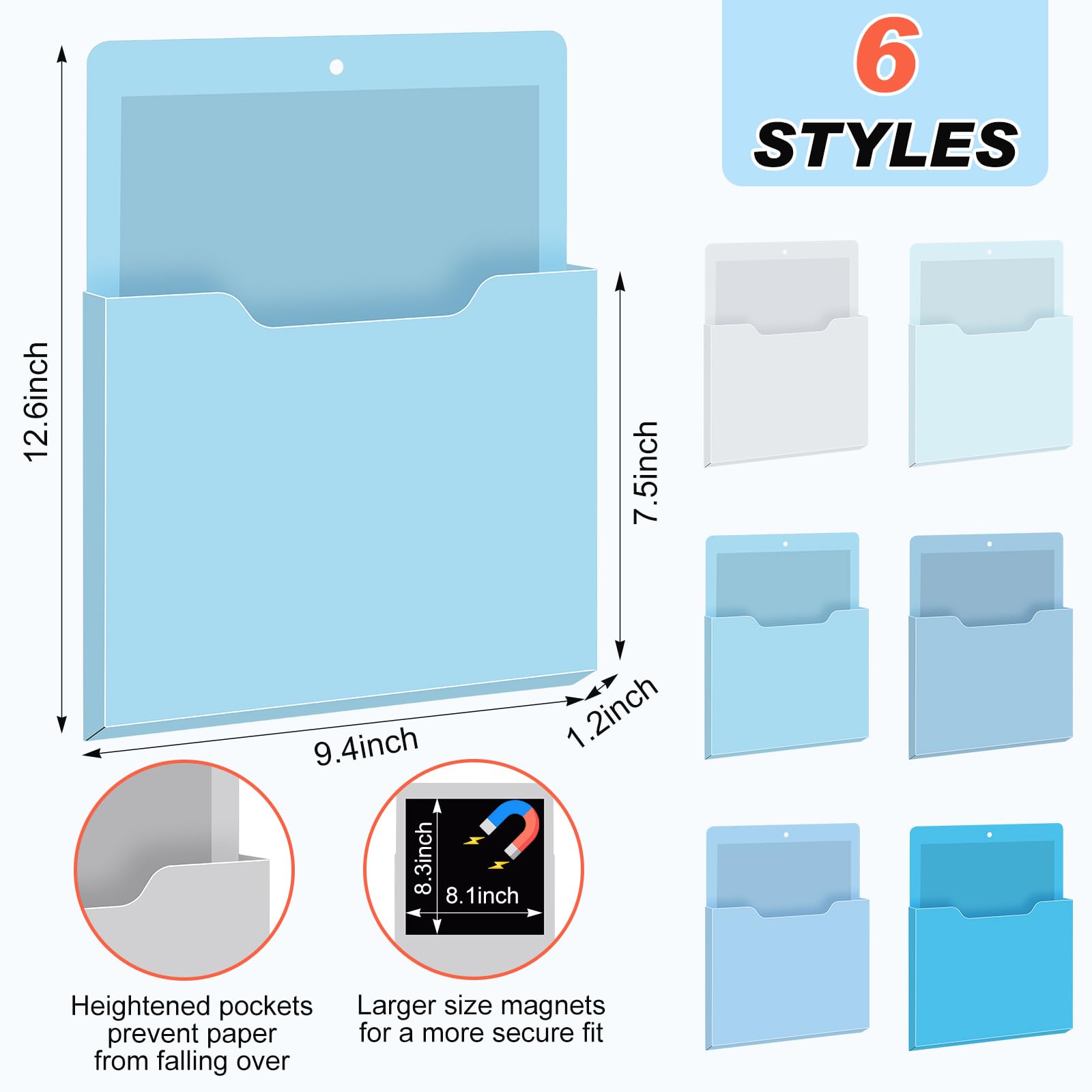 Fuutreo Magnetic Wall File Holder,6pcs,Ocean Color,Vertical-large