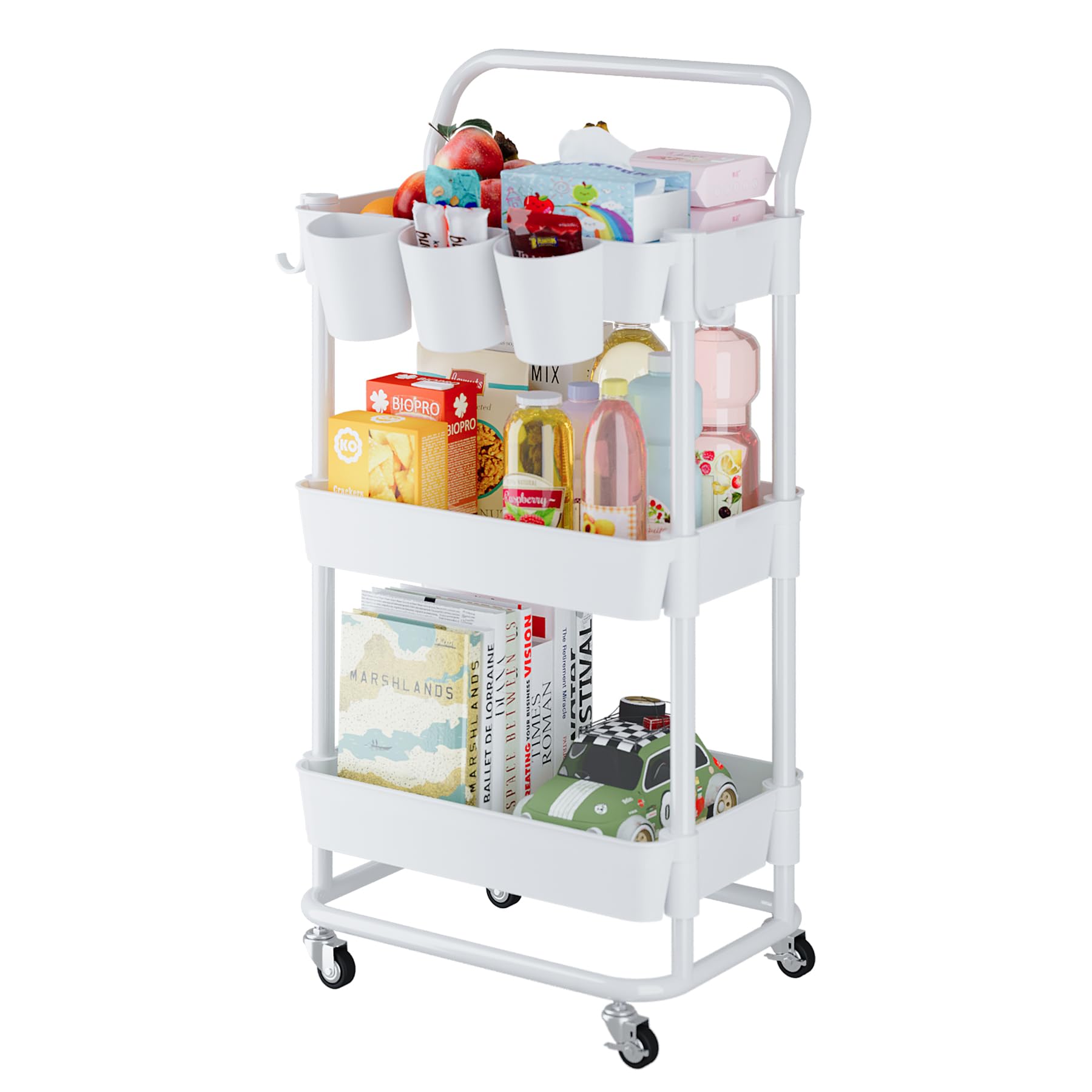 Buzowruil 3-Tier Rolling Utility Cart, Storage Cart with Handle Multi-Purpose and Locking