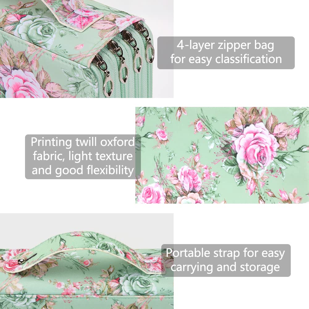 Vomgomfom 200 Slots Pencil Case 4-Layer PU Leather, Handle, Green Rose