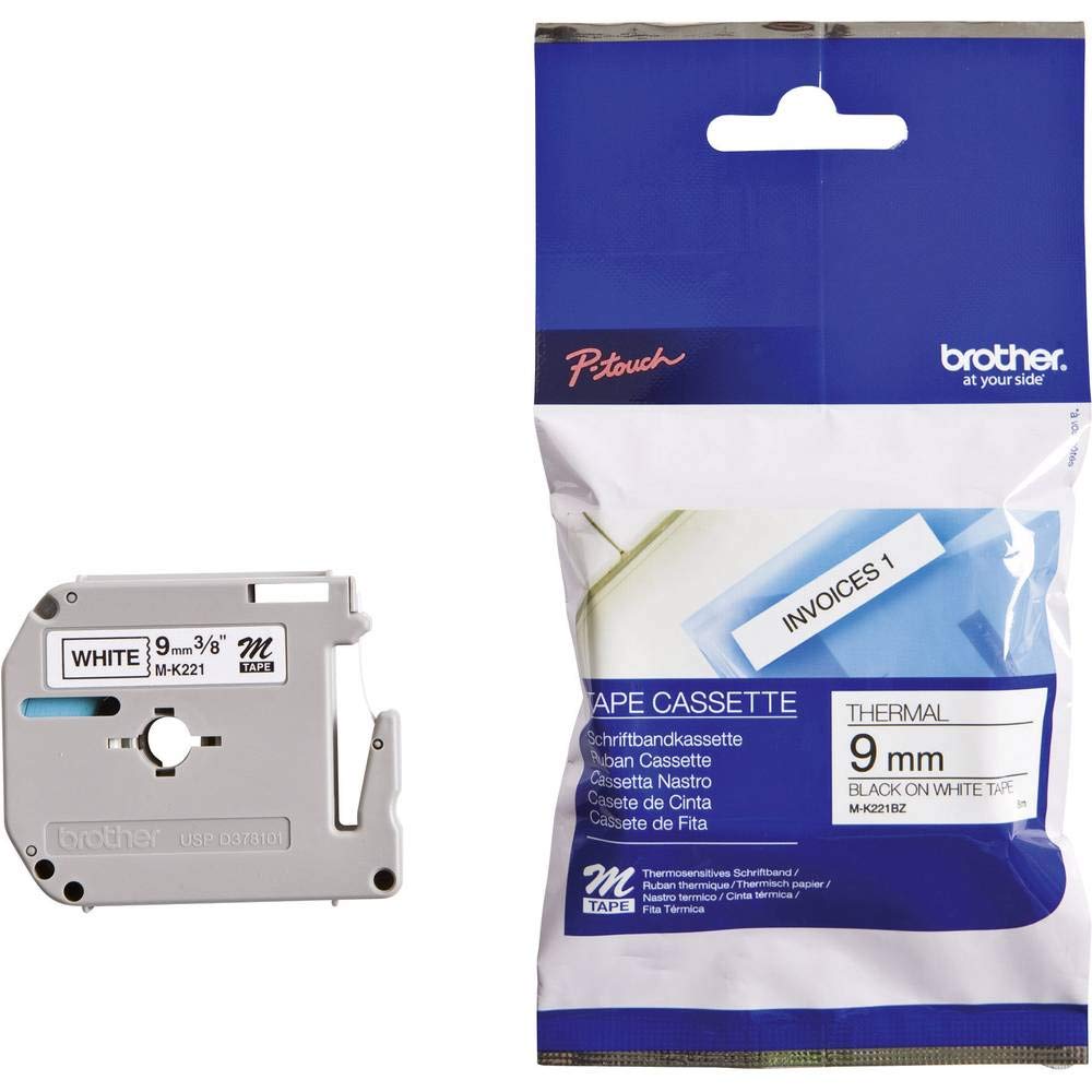Brother M-K221BZ Labelling Tape Cassette, Black on White, 9 mm (W) x 8 m (L), Brother Genuine