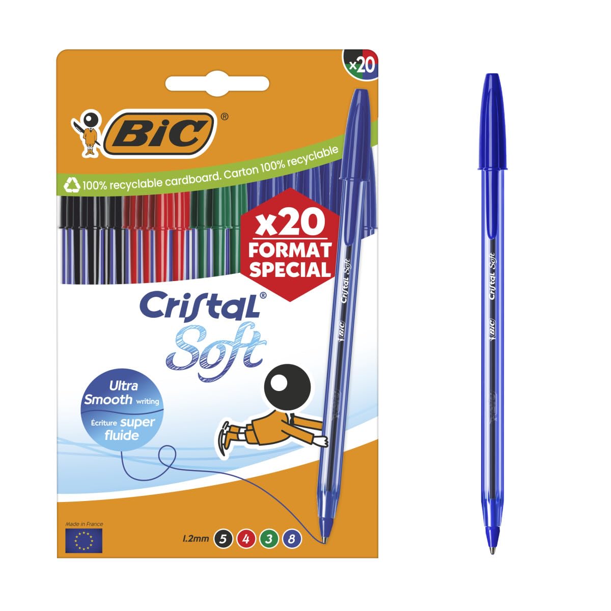 BIC Cristal Soft 1.2mm Medium Point Ballpoint Pens - Special Format - Assorted Colours (Pack of 20)