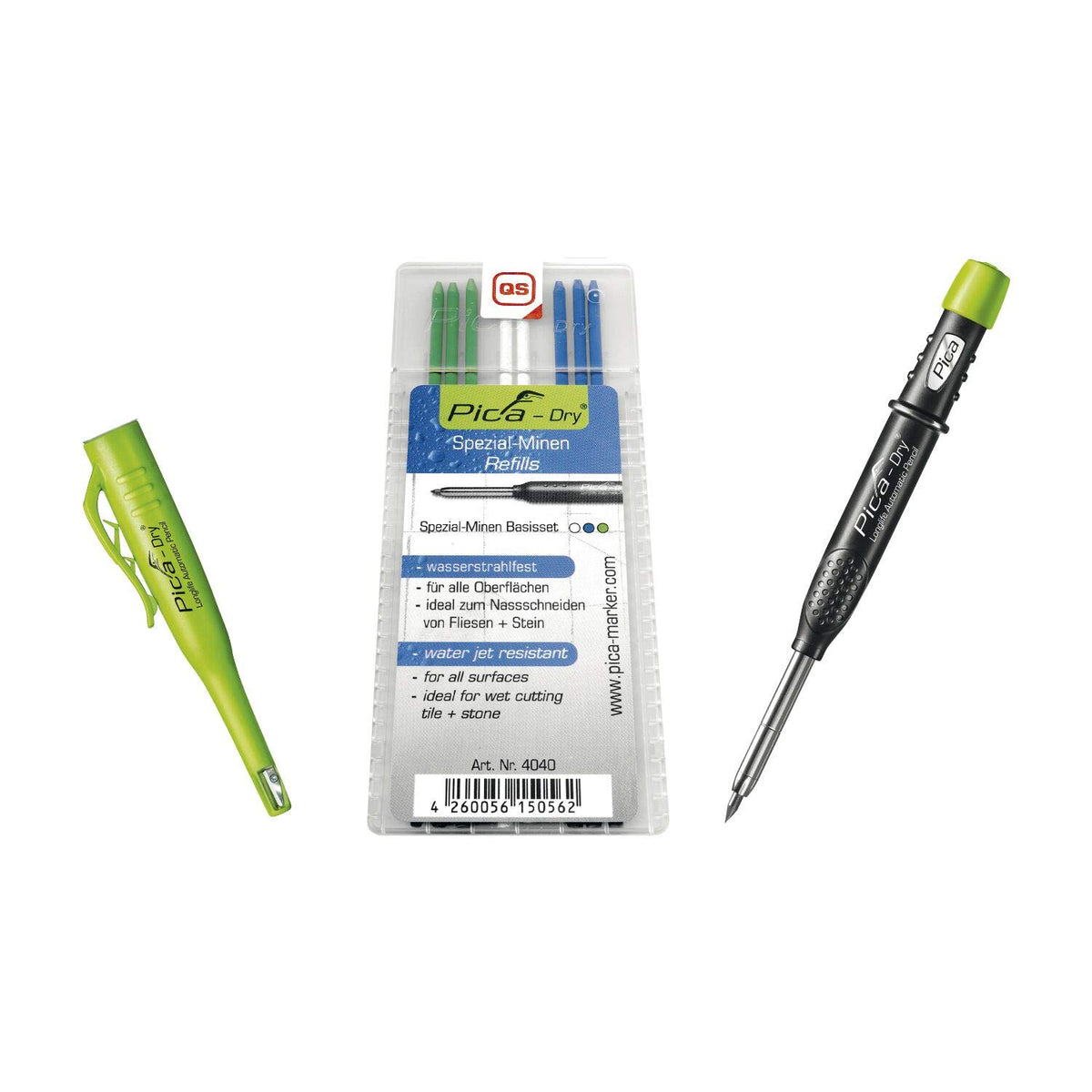 Pica 3030 + 4040 Dry Pen including Special Lead Base Set, Carpenter's Pencil, Green, Blue, White