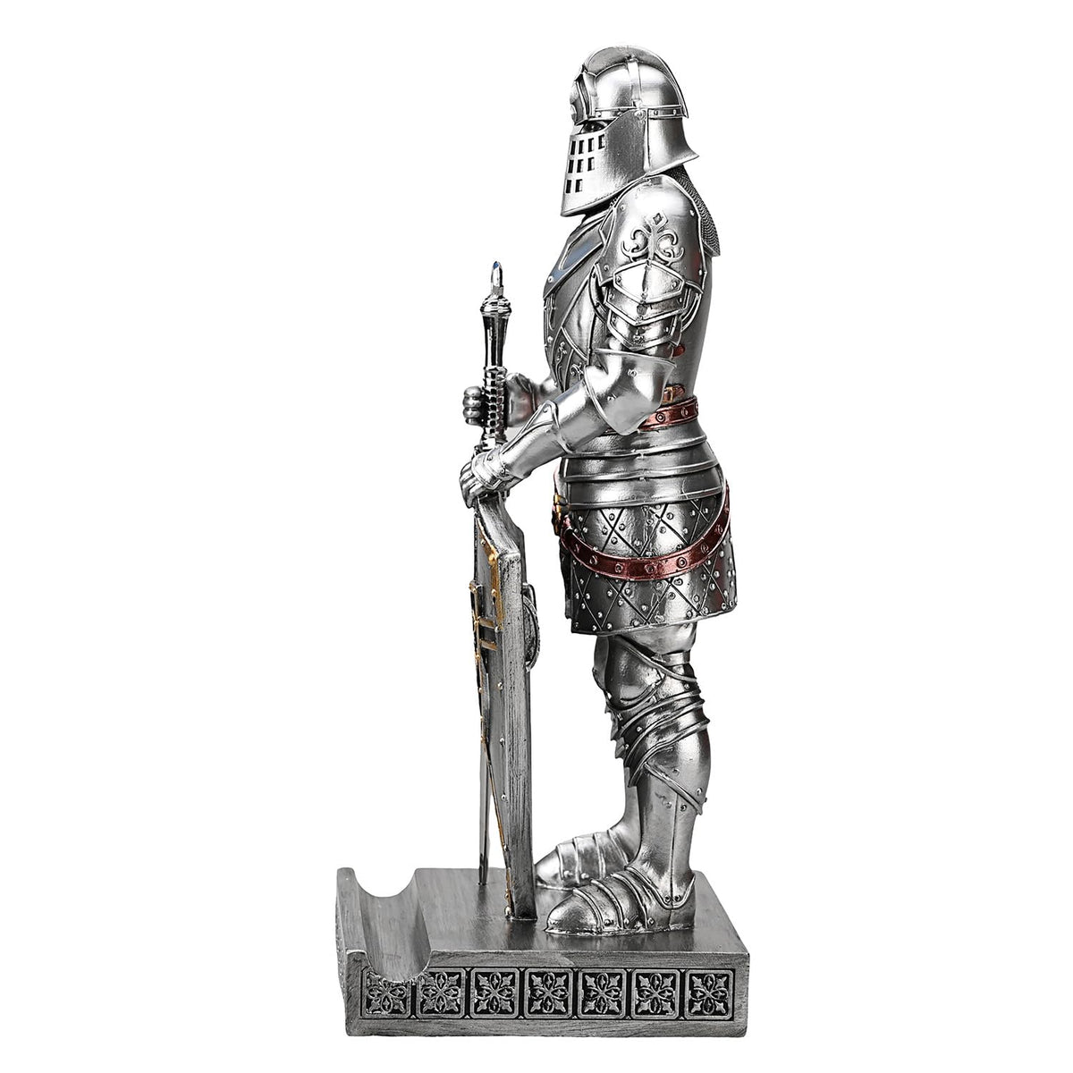 HDMbigmi King's Guard Knight Pen Holder Statue with Shield for Desk Silver