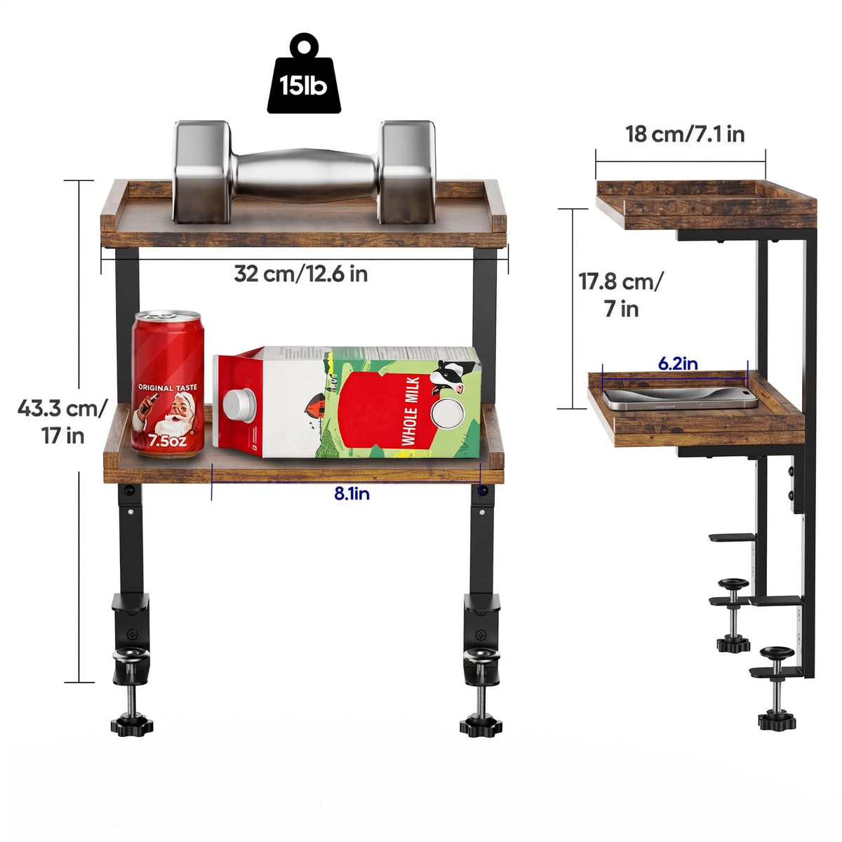 ART-GIFTREE Clamp On Desk Shelf 2-Tier, 12.6 inche Wood Shelving Unit for Office Desk/Gaming