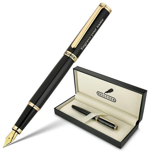 BEILUNER Black Personalized Fountain Pen,Stunning Luxury Lacquer,24K Gilded Nib(Fine),Gorgeous 24K