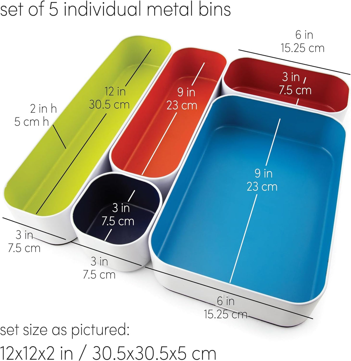 Three by Three Seattle Metal Drawer Organizer Tray Set, 5-Pc, 2" (Assorted)