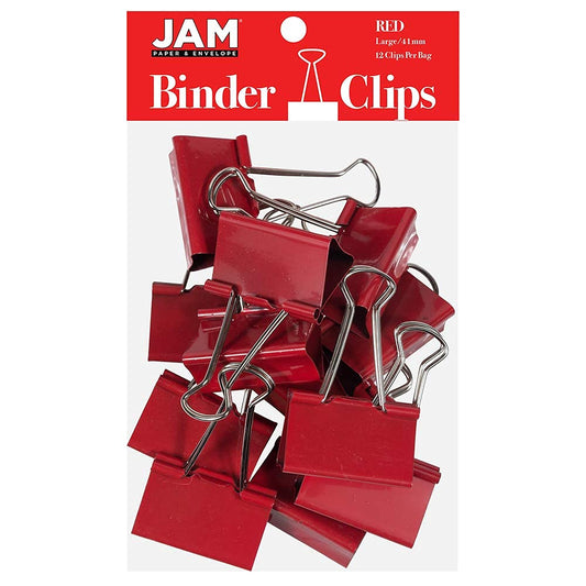JAM PAPER Colorful Binder Clips - Large - 1 1/2 Inch (41 mm) - Red Binderclips - 12/Pack