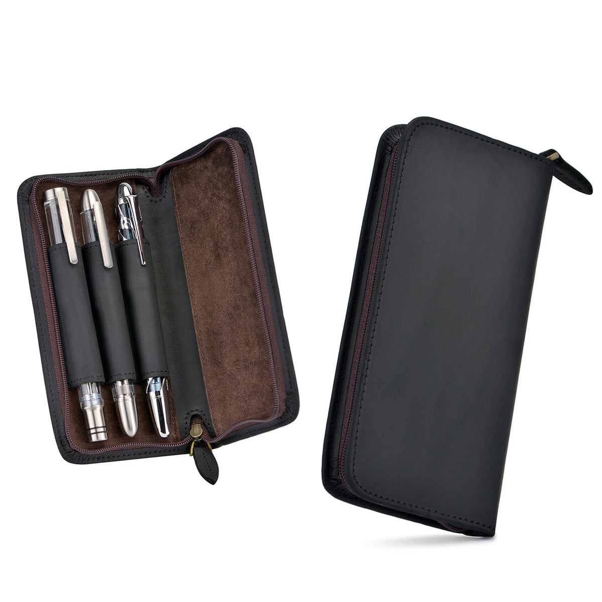 Fountain Pen Case 3 Divided Slots Crazy Horse Leather Pen Holder, Handmade Display Zippered Pouch