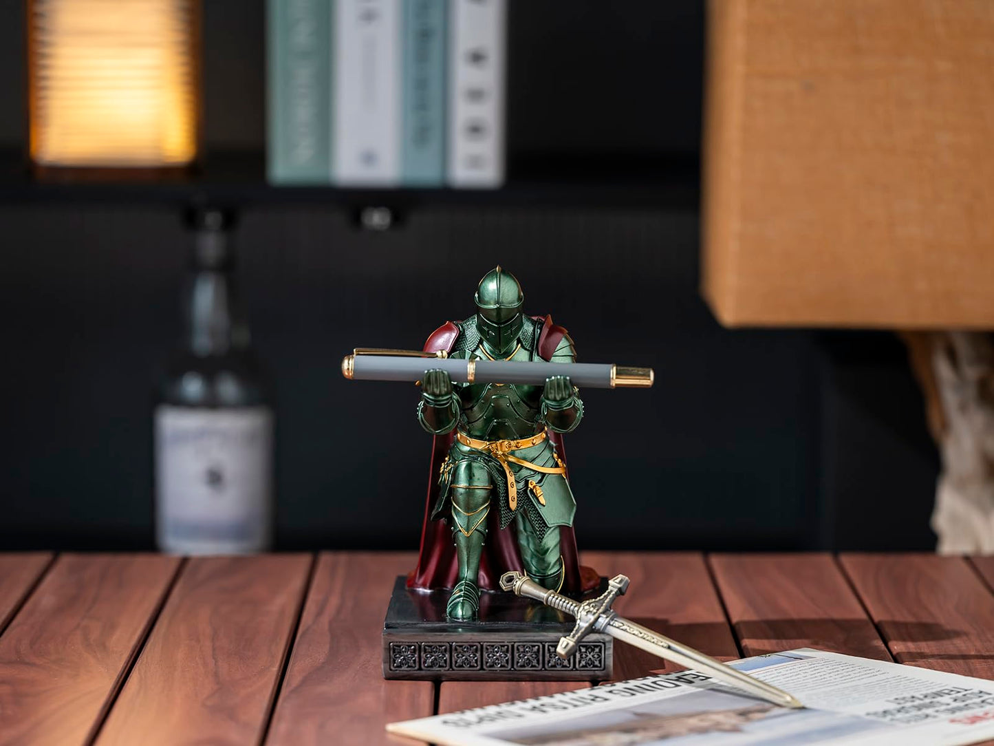 Medieval Armored Knight Pen Holder Figurine Paperweight Phone Stand Green