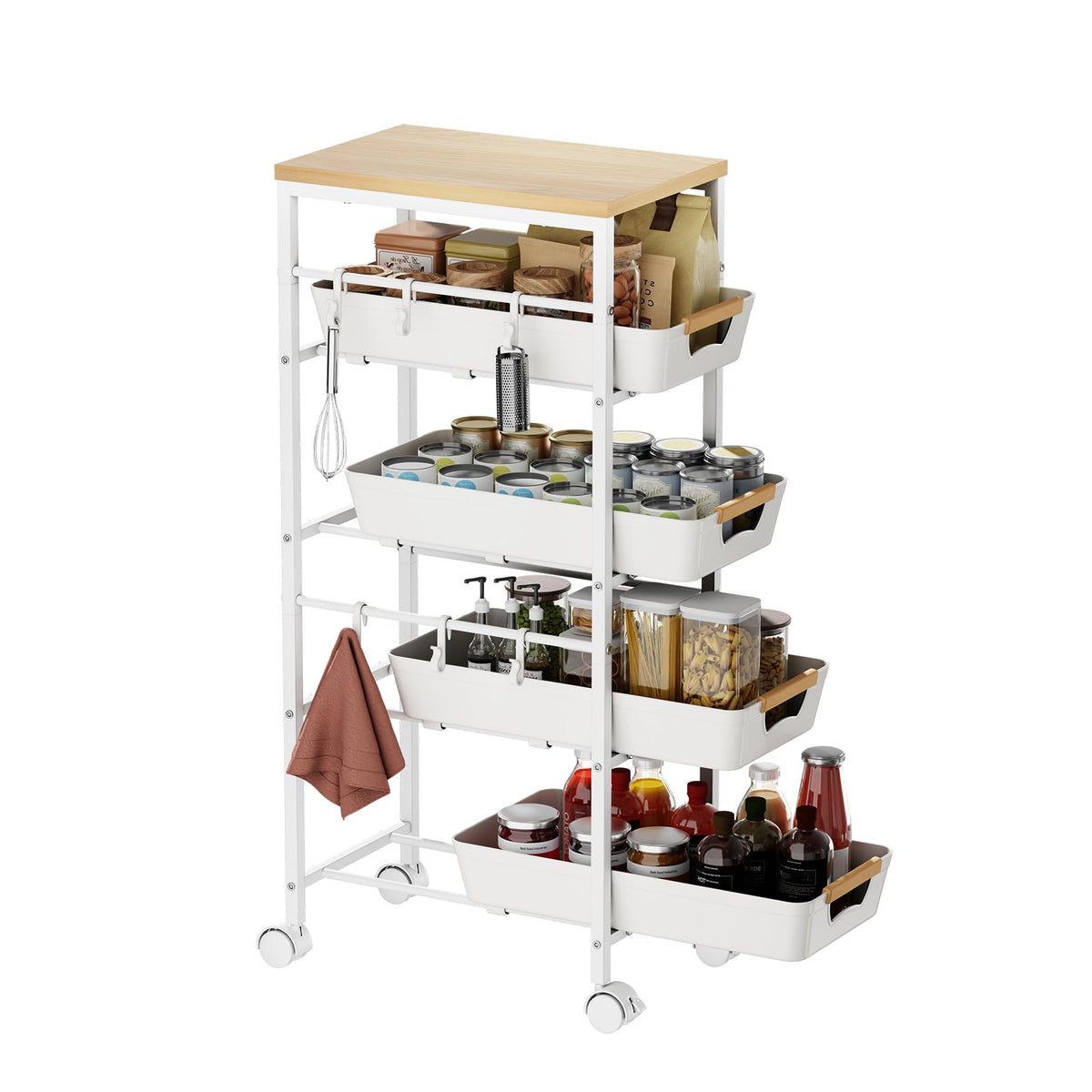 Landmok 5-Tier Slim Storage Cart, Wooden Top Rolling Kitchen Cart with Pull-Out Baskets & Wheels