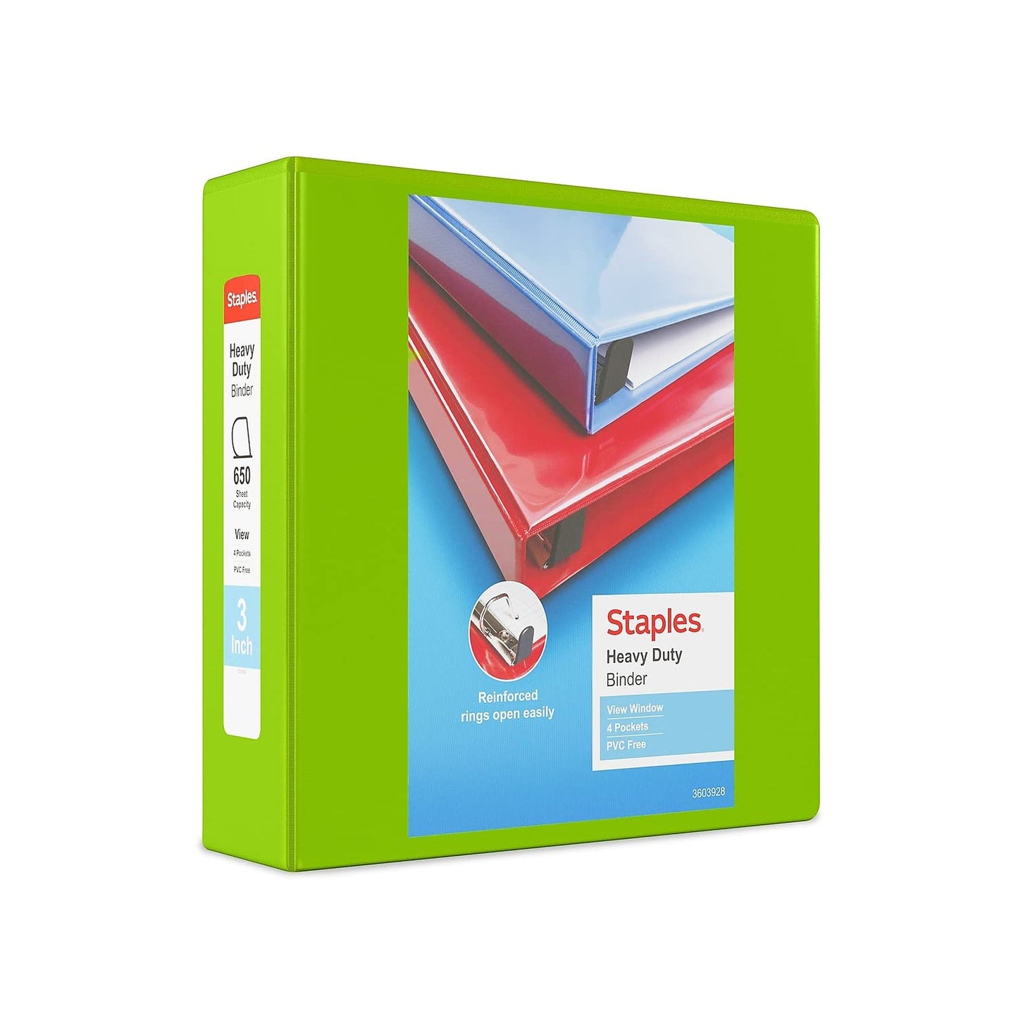 Staples Heavy-Duty 3-Inch D-Ring View Binder, Chartreuse
