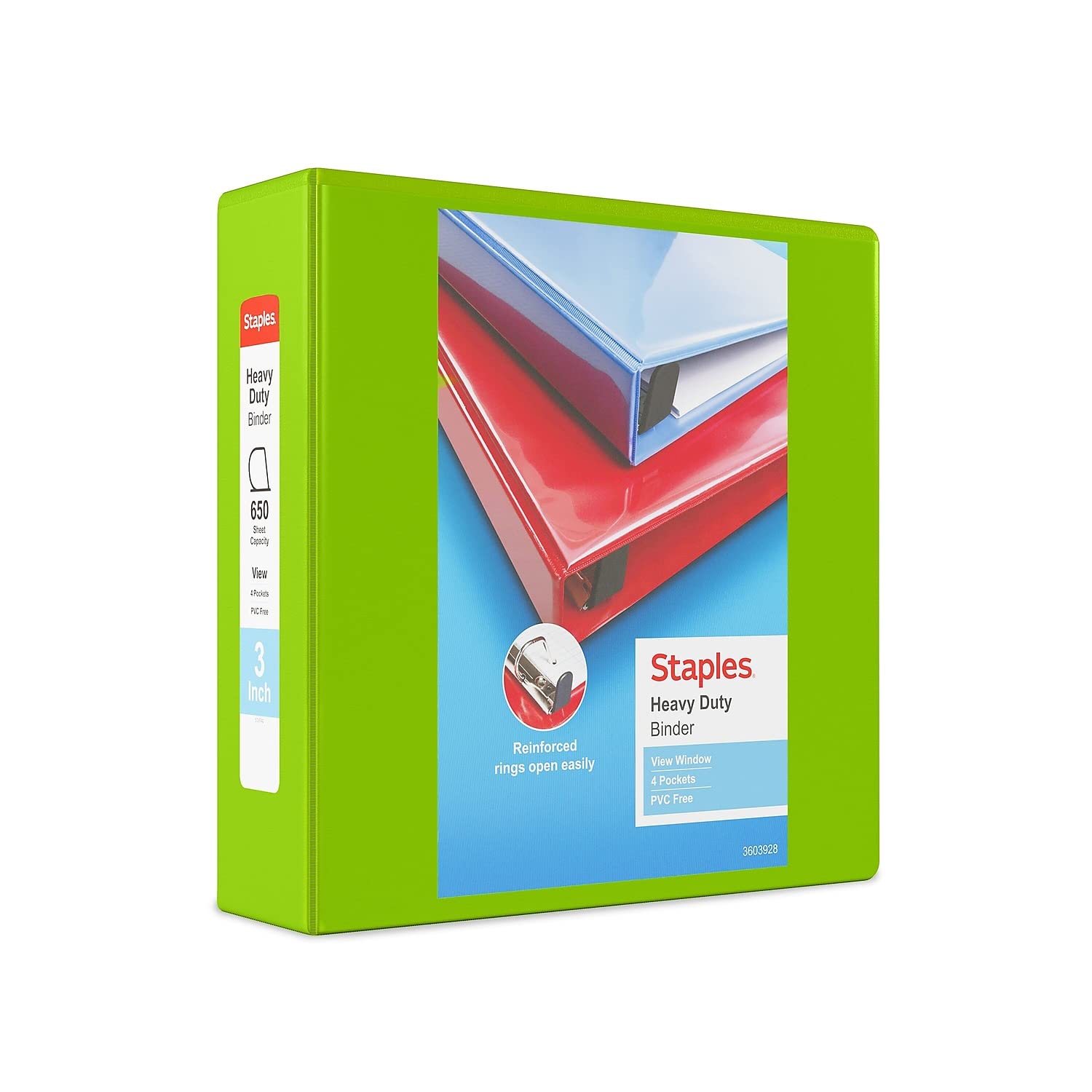 Staples Heavy-Duty 3-Inch D-Ring View Binder, Chartreuse