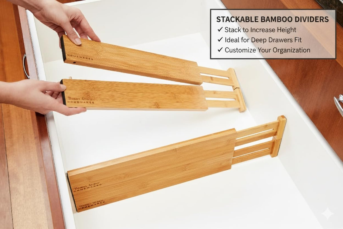 Thomas Grace Homewares Bamboo Kitchen Drawer Organizer Divider Stackable for Deep Drawers. (Set-of