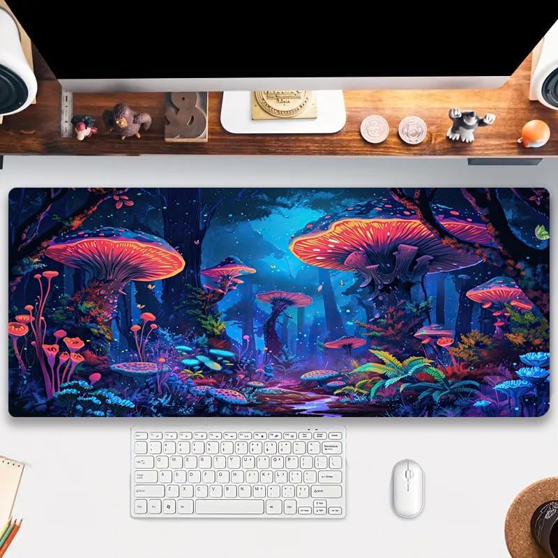 Simpkeely Fantasy Mushroom Mouse Pad, Blacklight Gaming Forest Waterproof Extended Large Desk Pad