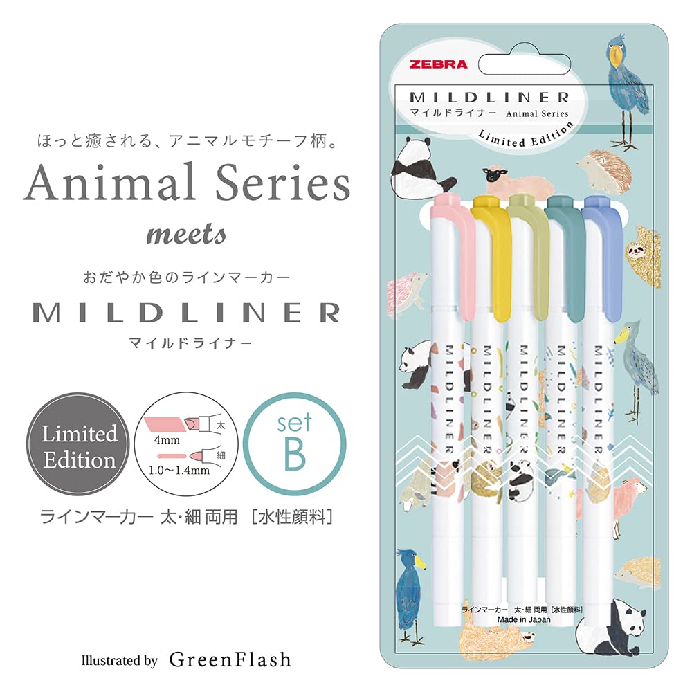Zebra Mildliner WKT7-AS-5C-B Highlighter, Set of 5 Colors, Animal