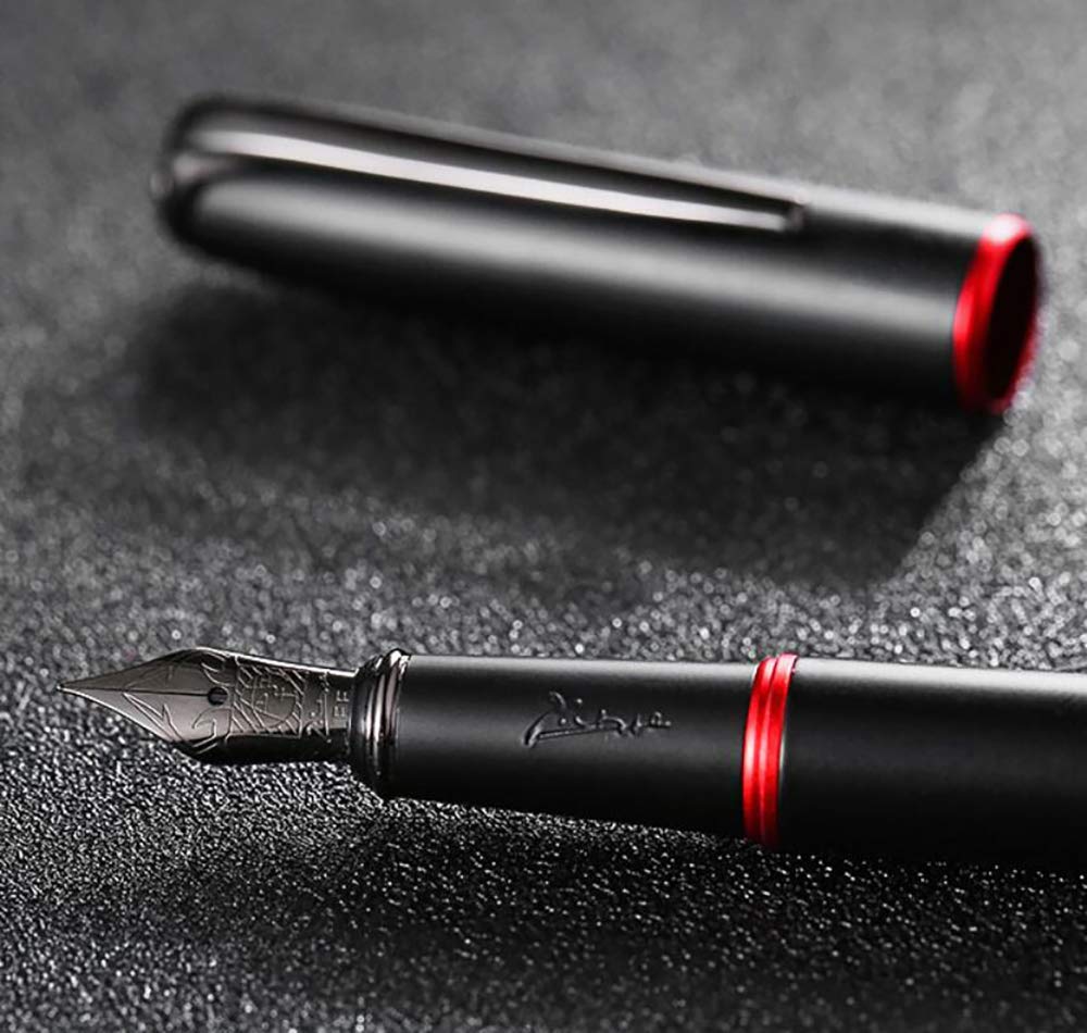 erofa Picasso 916 Matte Black & Red Ring Fountain Pen with Box - Titanium Gray Extra Fine Nib