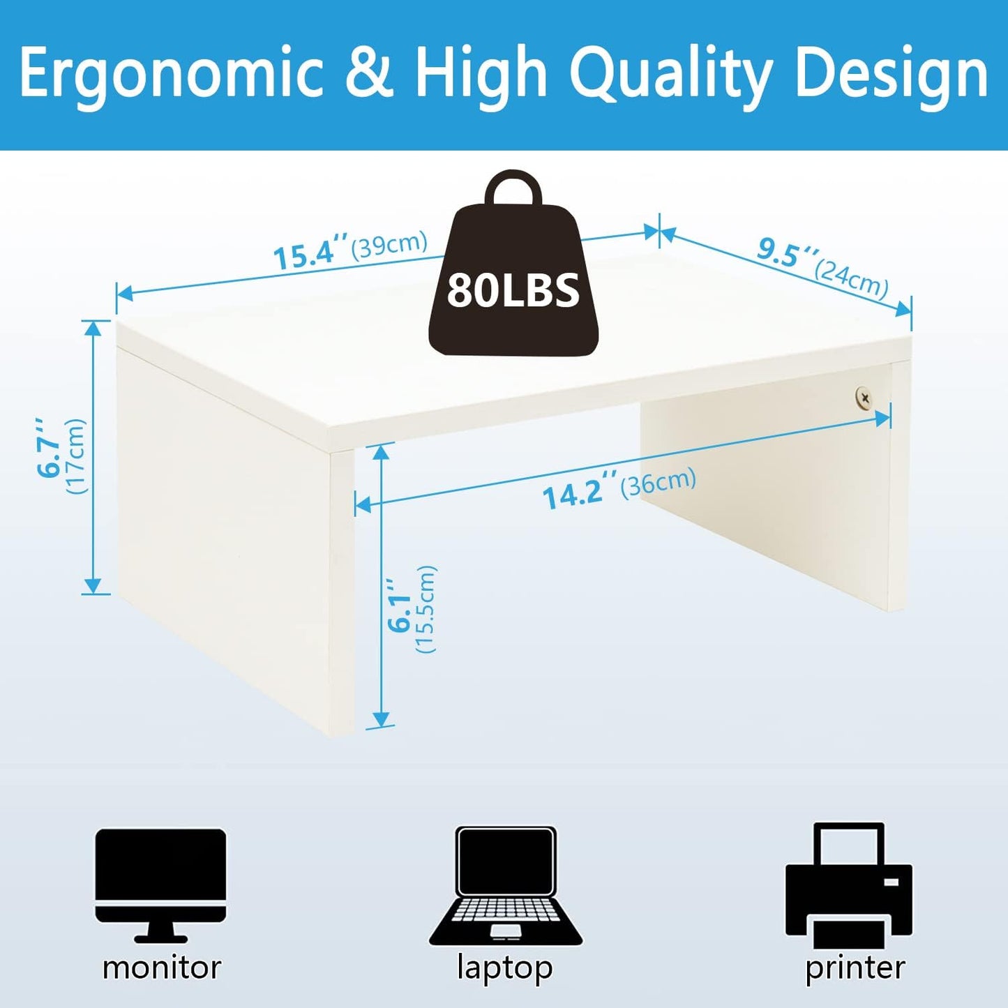 TEAMIX White Monitor Stand - 6.7 inch Tall, Wood Riser, Desk Organization