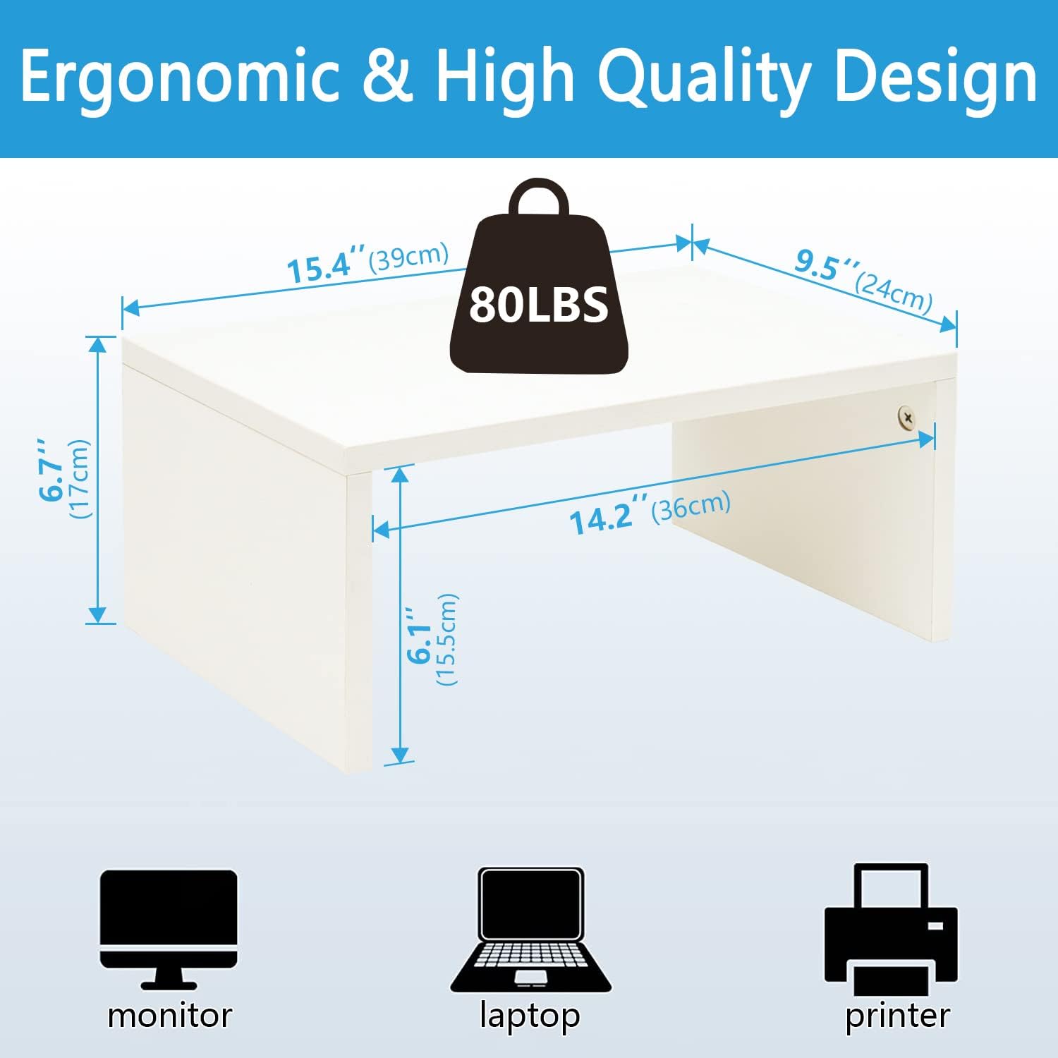 TEAMIX White Monitor Stand - 6.7 inch Tall, Wood Riser, Desk Organization