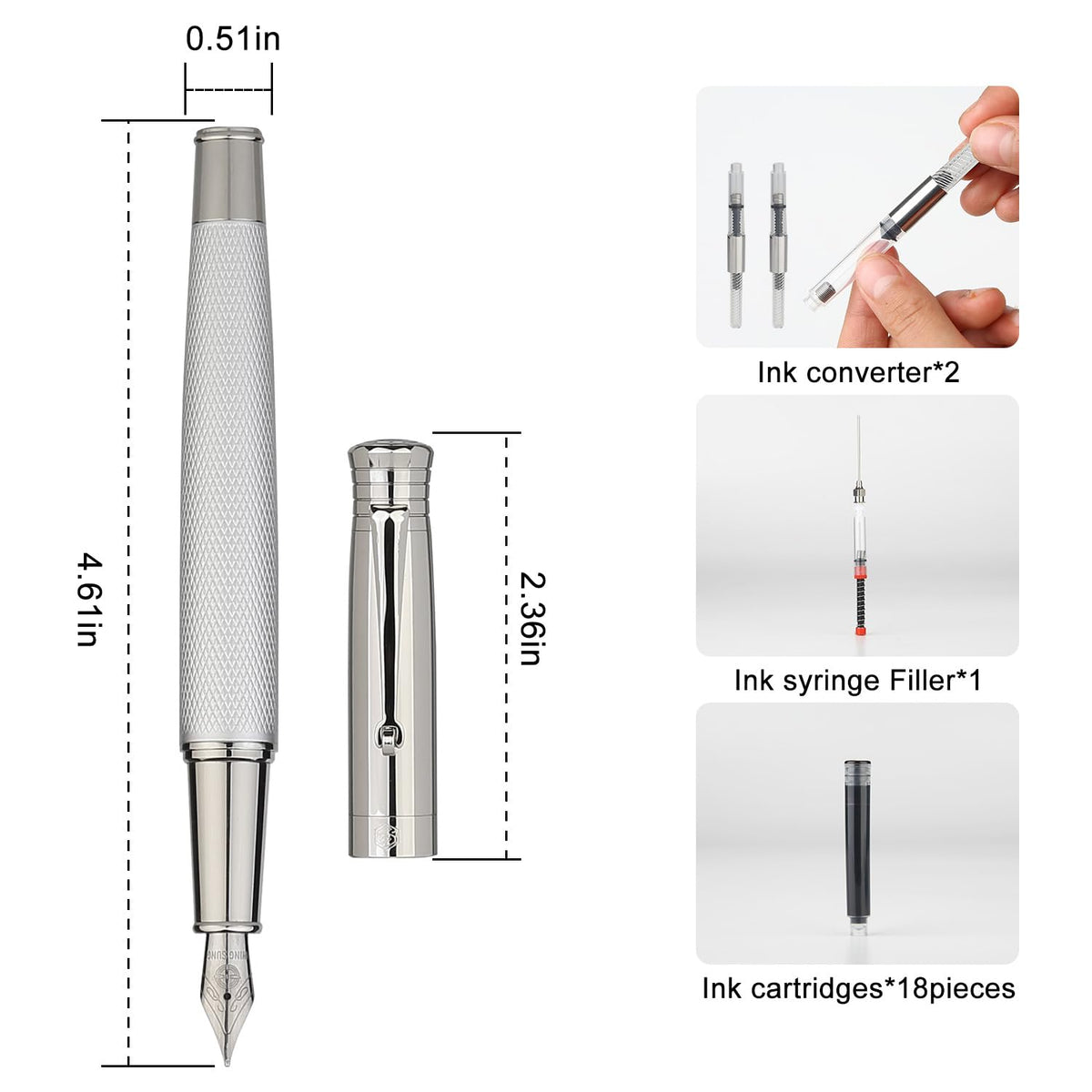 GC QUILL Fancy Fountain Pen Set – Fine and Medium Nibs, 18 Ink Cartridges, Ink Converter, Syringe