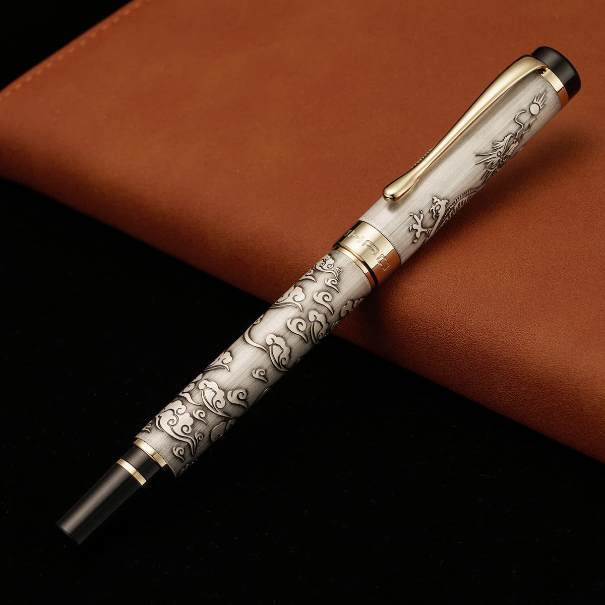 Jinhao 5000 Vintage Luxurious Metal Fountain Pen Beautiful Dragon Texture Carving, Ancient Gray