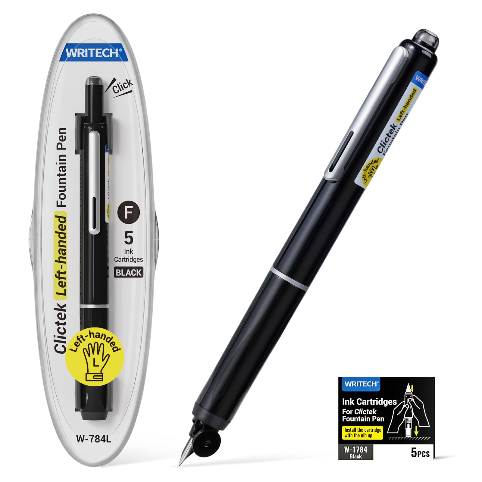 WRITECH Fountain Pen Left Handed: Retractable Fine Nib Black Ink Clictek