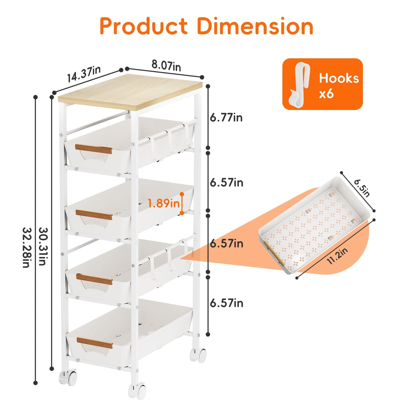 Landmok 5-Tier Slim Storage Cart, Wooden Top Rolling Kitchen Cart with Pull-Out Baskets & Wheels