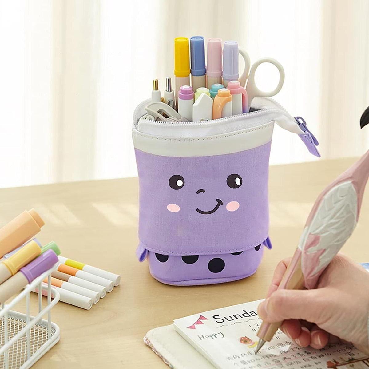 RUIYELE 3 Pack Telescopic Pencil Pouch Bag Pop Up Pencil Case Stand Up Pen Holder Cute Polka Dot