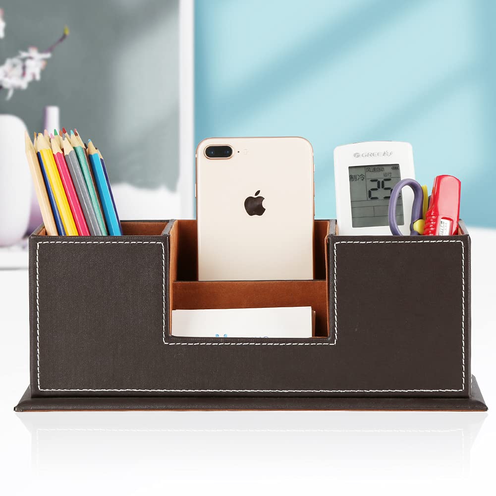 KINGFOM™ Double Holder Wood Leather Multi-Function Desk Stationery Organizer Dark Brown