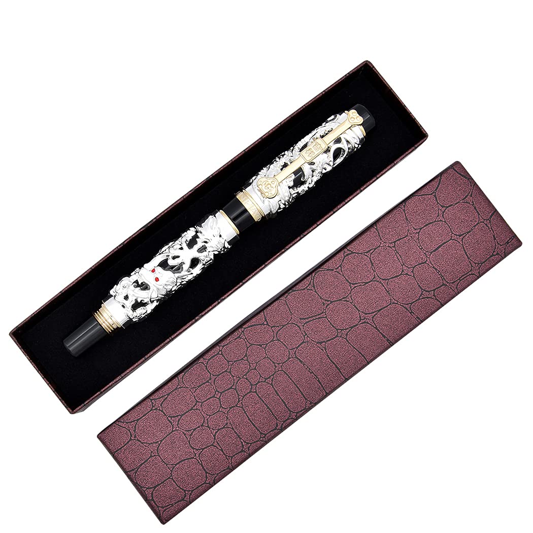 Dragon Pen Jinhao Fountain Pen Fine Nib Heavy Pen with Converter and Box Set, Silver