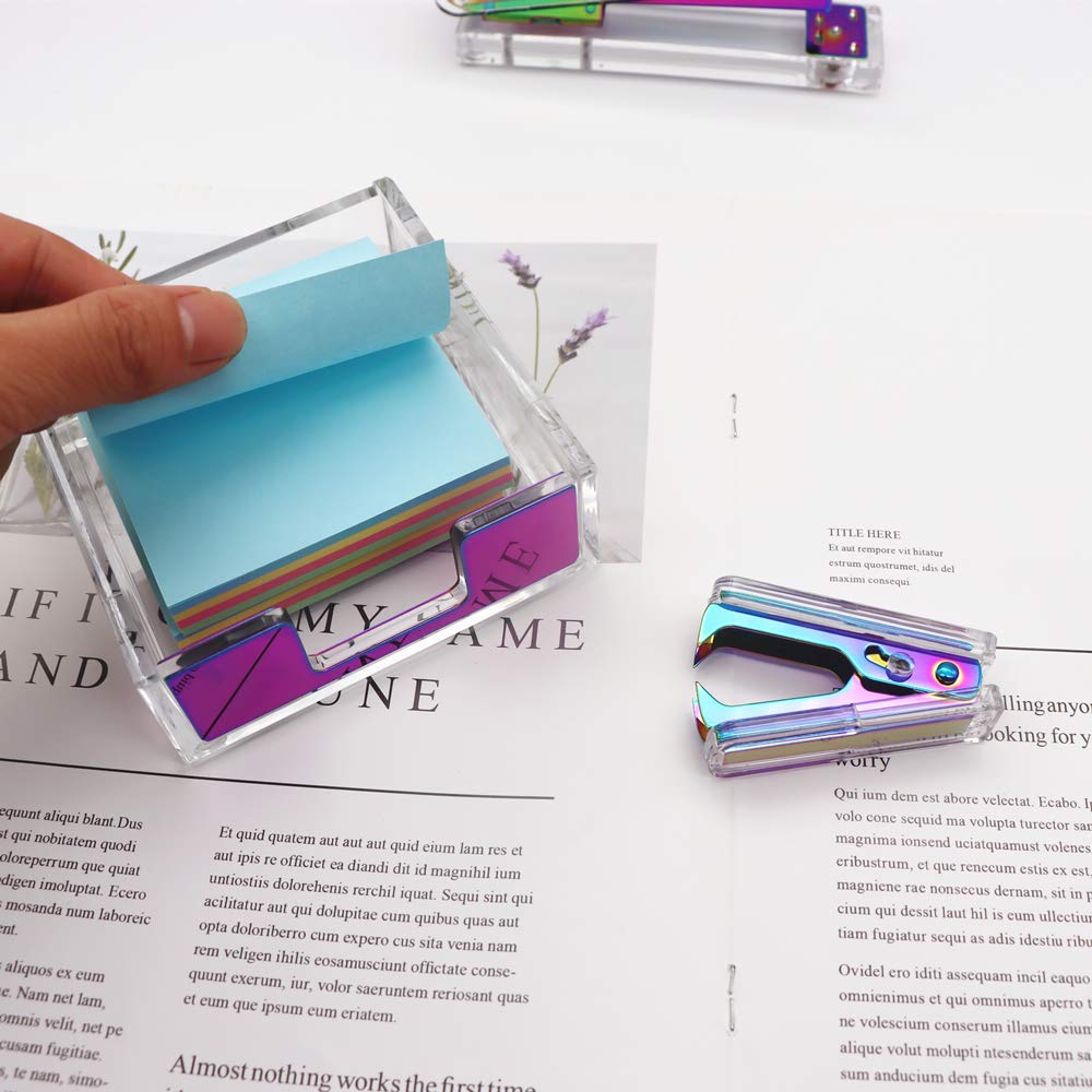 Clear Acrylic Body Colorful Metallic Tone Memo Holder and Staples Remover Set Self-Stick Note Cube