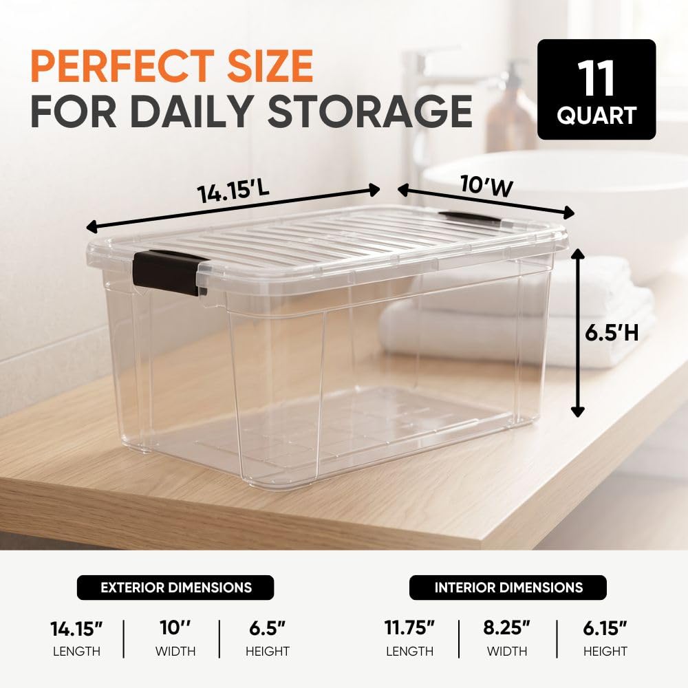 Superio 11 Quart Clear Plastic Storage Boxes with Lids, Stackable Organizer Containers, BPA-Free