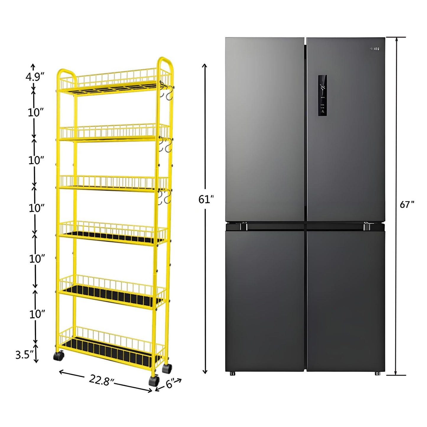 RUOZTEOO 6-Tier Slim Storage Cart with Wheels, Metal 6in Narrow Rolling Shelf, Sturdy Slim Storage