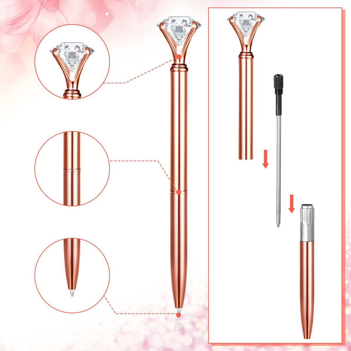 BBTO Pen Holder with 6 Pcs Bling Diamond Pens, Pencil Cups for Desk Glitter Bling Desk Organizer