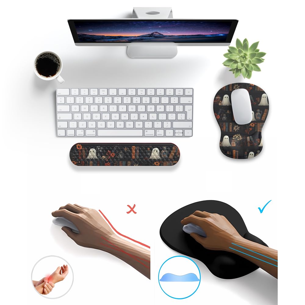 Ghost Book Mousepad with Wrist Rest Halloween Computer Keyboard Mouse Pad Black Cute, Mouse Pad