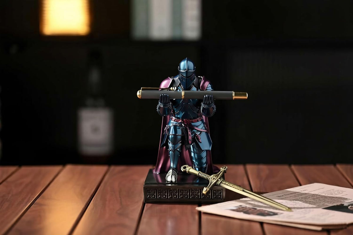 Medieval Armored Knight Pen Holder Figurine Paperweight Phone Stand Blu&Pur